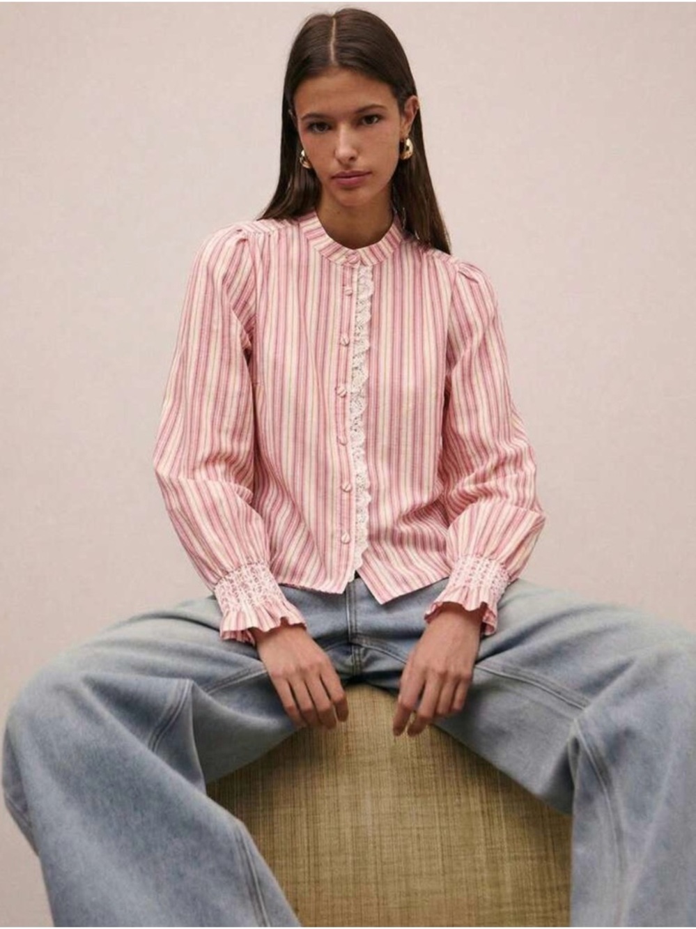 Striped red Lace-Trim Button Front Top